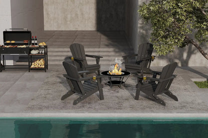 Outdoor patio setup with Adirondack chairs, fire pit, and grill by a pool.