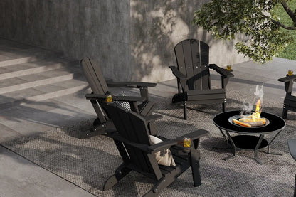 Outdoor patio setting with black Adirondack chairs and a fire pit.