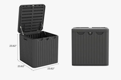 Two black storage boxes with dimensions indicated on a white background