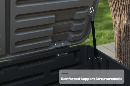 Close-up of a black storage box with a reinforced support structure and handle, outdoors.