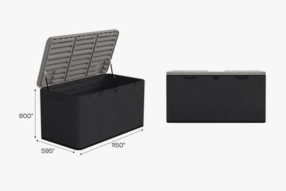 Black storage bench with dimensions on a white background