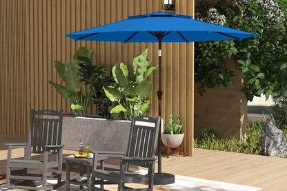 Blue patio umbrella over outdoor furniture with plants and a wooden wall in the background