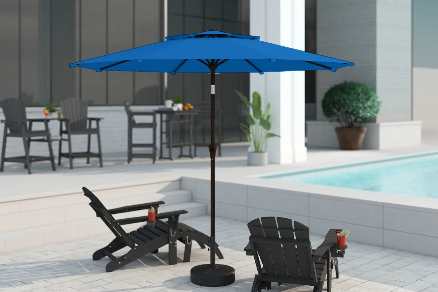 Blue patio umbrella on a stand in an outdoor setting with chairs and a pool.