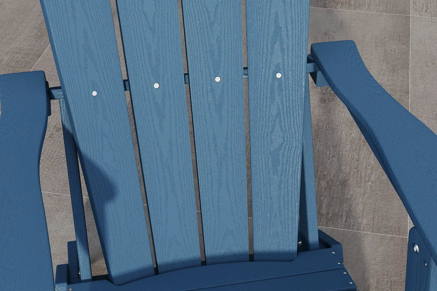 Blue Adirondack chair on a tiled floor