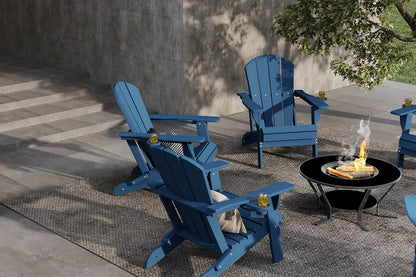 Blue Adirondack chairs around a fire pit on a patio