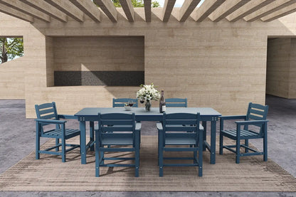 Blue outdoor dining set with table and chairs on a patio