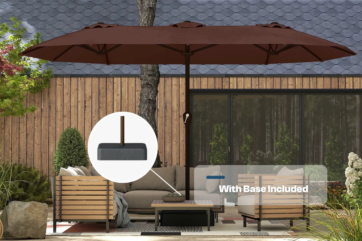 Outdoor patio set with a large brown umbrella and base, surrounded by garden furniture and plants.