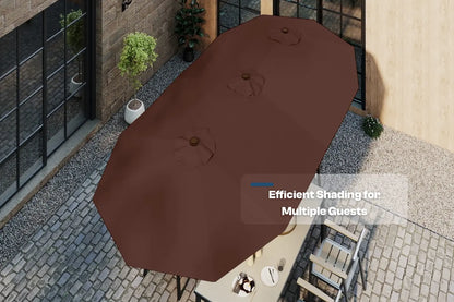 Brown outdoor umbrella on a patio with text 'Efficient Shading for Multiple Guests'.