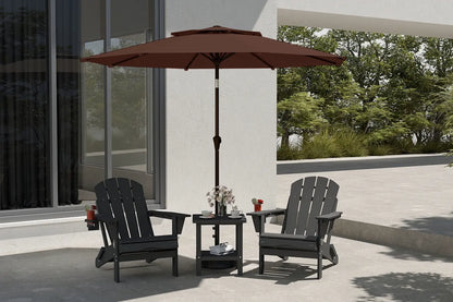 Patio set with two black chairs and a table under a brown umbrella, outdoors.
