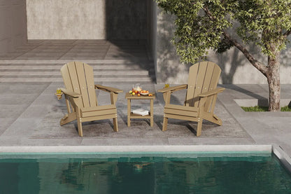 Two wooden Adirondack chairs with a small table by a poolside.