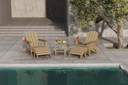 Two wooden Adirondack chairs by a pool with a small table and drinks.