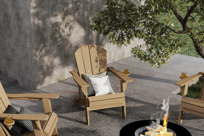 Wooden Adirondack chairs on a patio with a fire pit and trees in the background