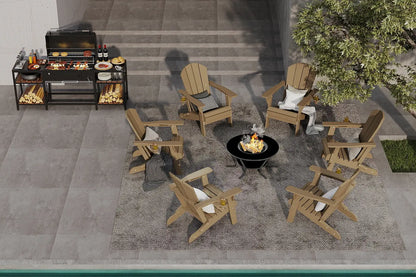 Outdoor patio setup with wooden chairs, grill, and fire pit on a concrete patio.