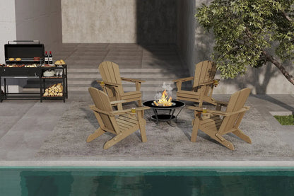 Outdoor patio setup with wooden chairs around a fire pit by a pool.