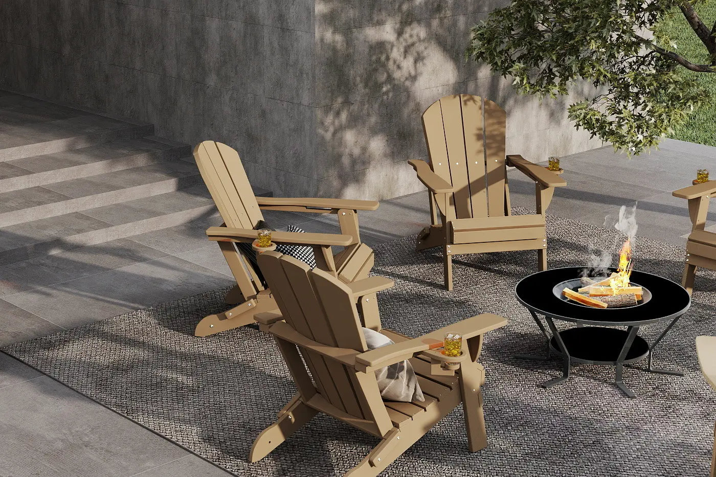 Outdoor setting with wooden Adirondack chairs around a fire pit.