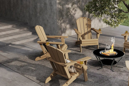 Outdoor setting with wooden Adirondack chairs around a fire pit.