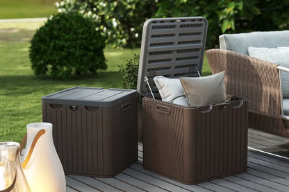 Brown outdoor storage box with cushions on a deck