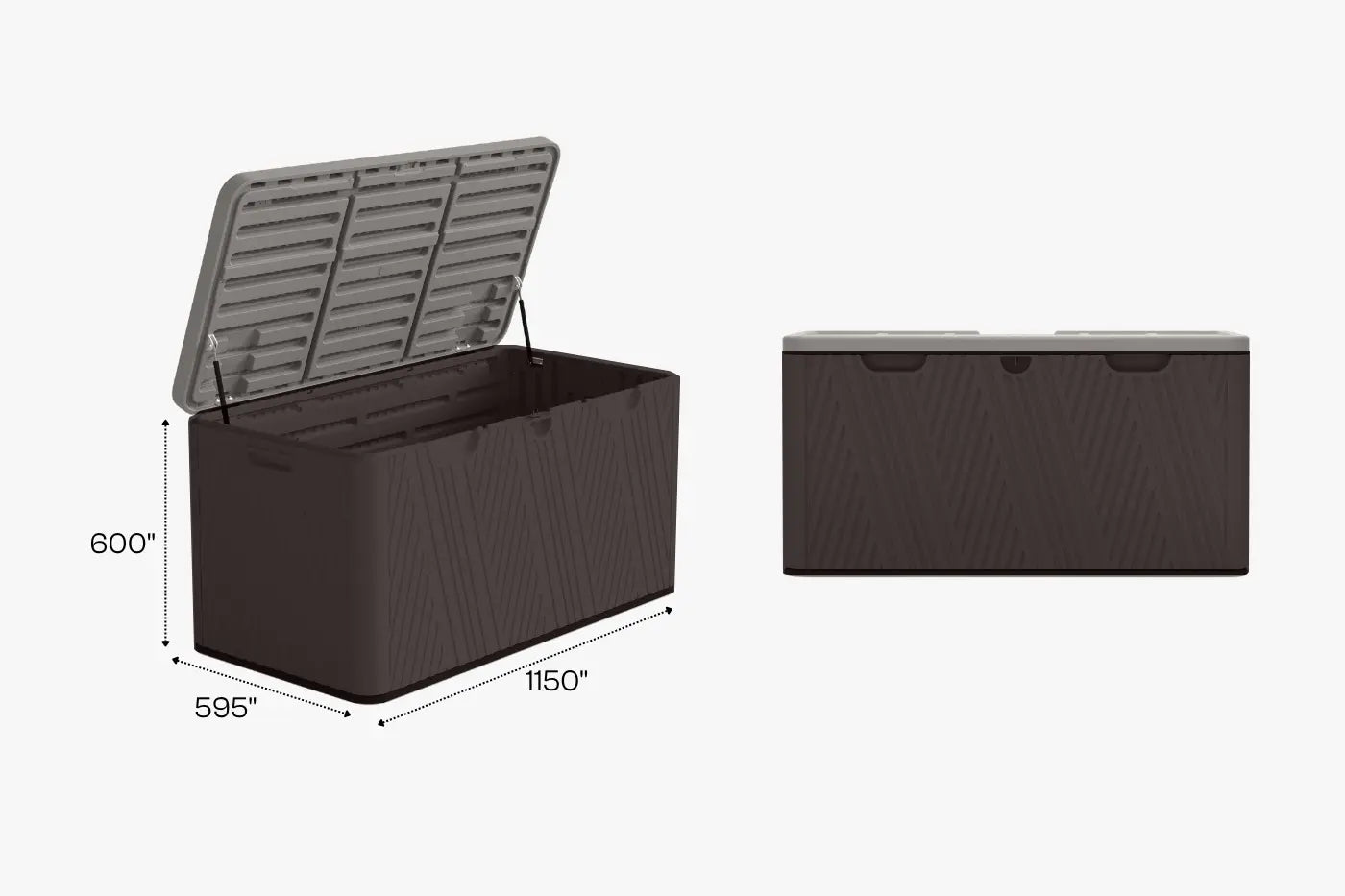 Two outdoor storage boxes with dimensions labeled on a white background