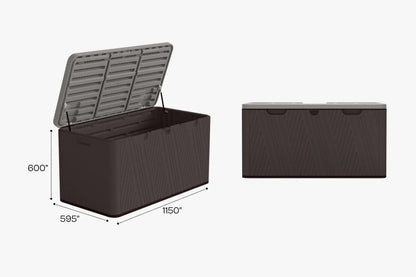 Two outdoor storage boxes with dimensions labeled on a white background