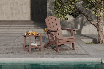 Brown Adirondack chair and side table by a poolside with a tree in the background.