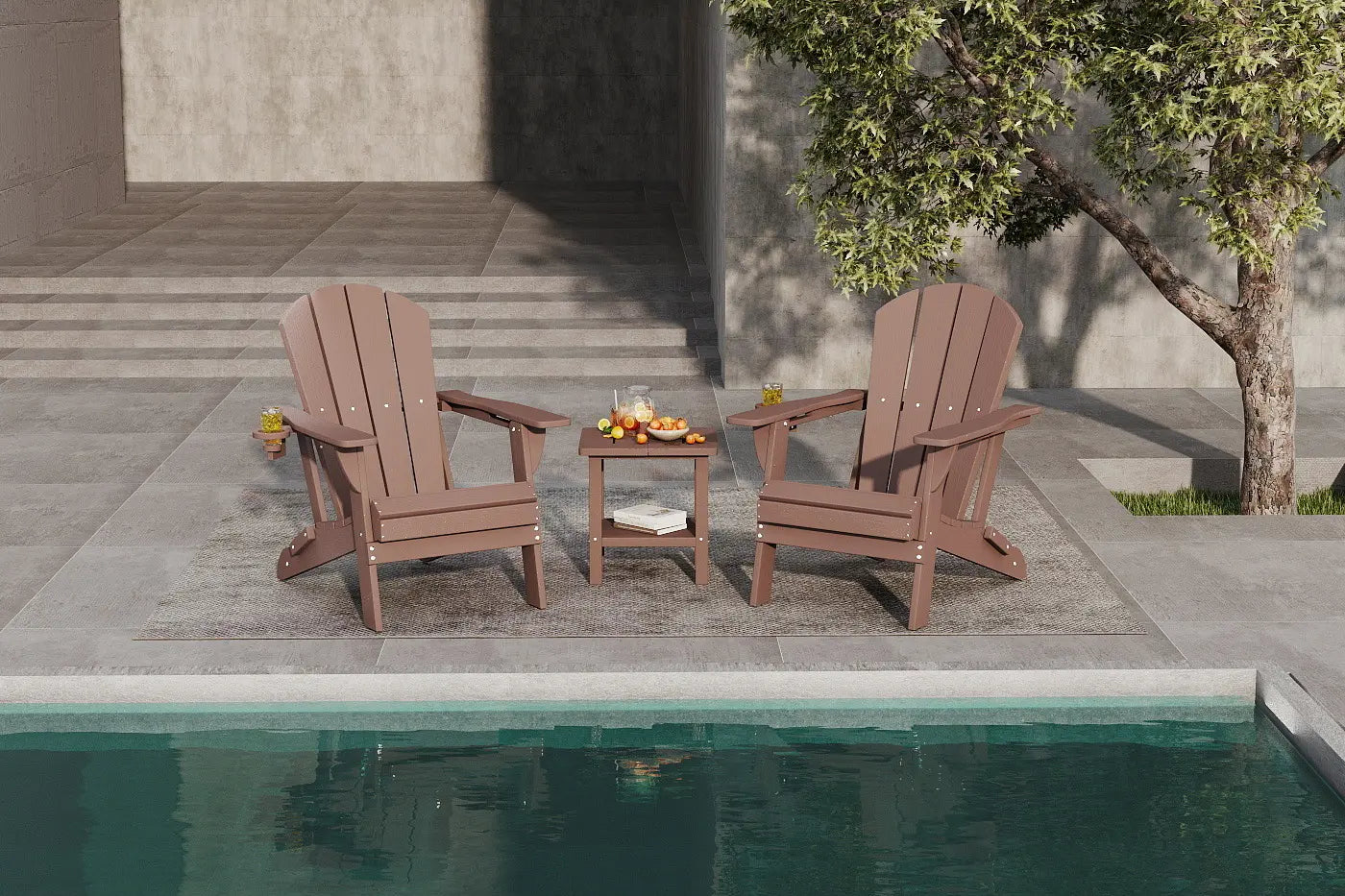 Two wooden Adirondack chairs with a small table by a poolside.