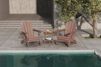Two wooden Adirondack chairs with a small table by a poolside.