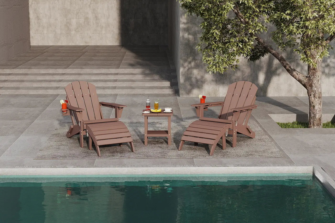 Two wooden Adirondack chairs by a pool with drinks on a small table.