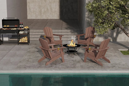 Outdoor patio setup with Adirondack chairs, fire pit, and grill by a pool.