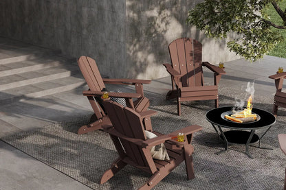 Wooden Adirondack chairs around a fire pit on a patio