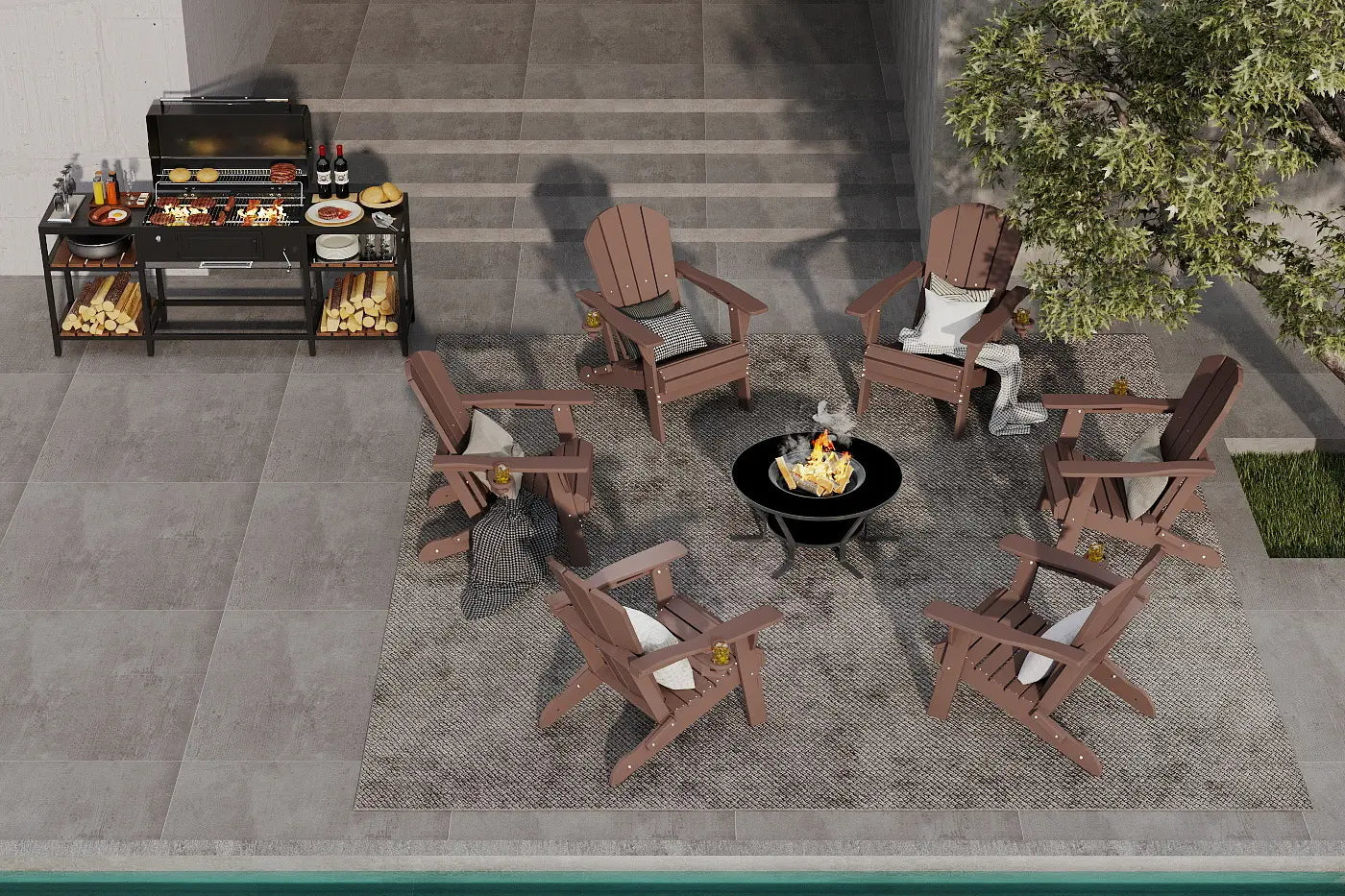 Outdoor patio setup with wooden chairs, grill, and fire pit on a stone patio.