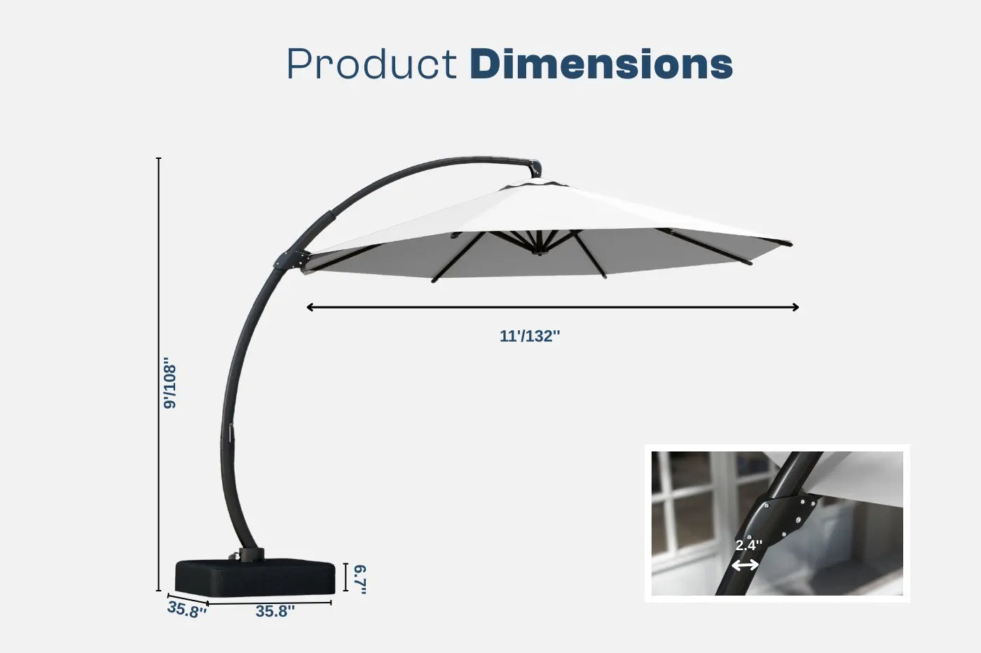Measurement chart of an outdoor umbrella with dimensions on a white background