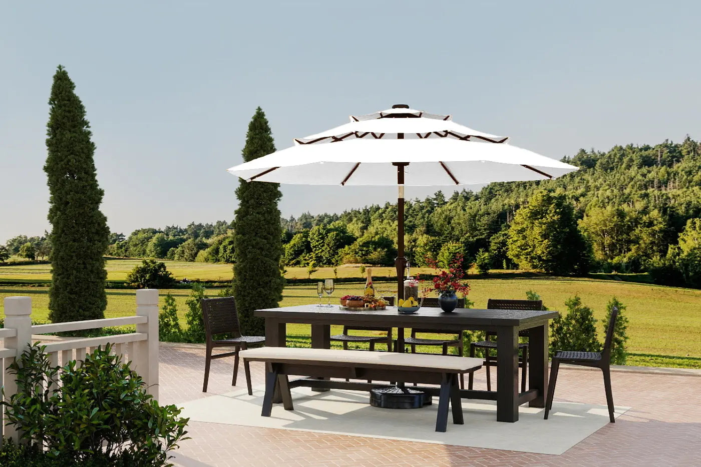 Outdoor dining set with table, chairs, and umbrella in a garden setting.