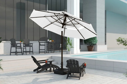 White patio umbrella with black stand on a patio with chairs and a pool in the background.
