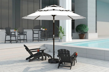Outdoor patio scene with a large umbrella, chairs, and a pool.