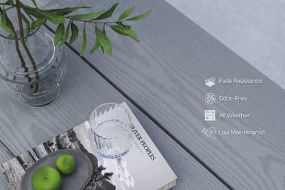 Gray wooden surface with a glass of water, green apples, and a vase with leaves, featuring text on fade resistance, odor-free, all-weather, and low maintenance.
