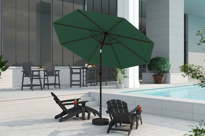 Green patio umbrella on a stand with chairs and a pool in the background