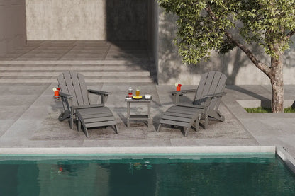 Two gray outdoor chairs by a pool with drinks on a small table.