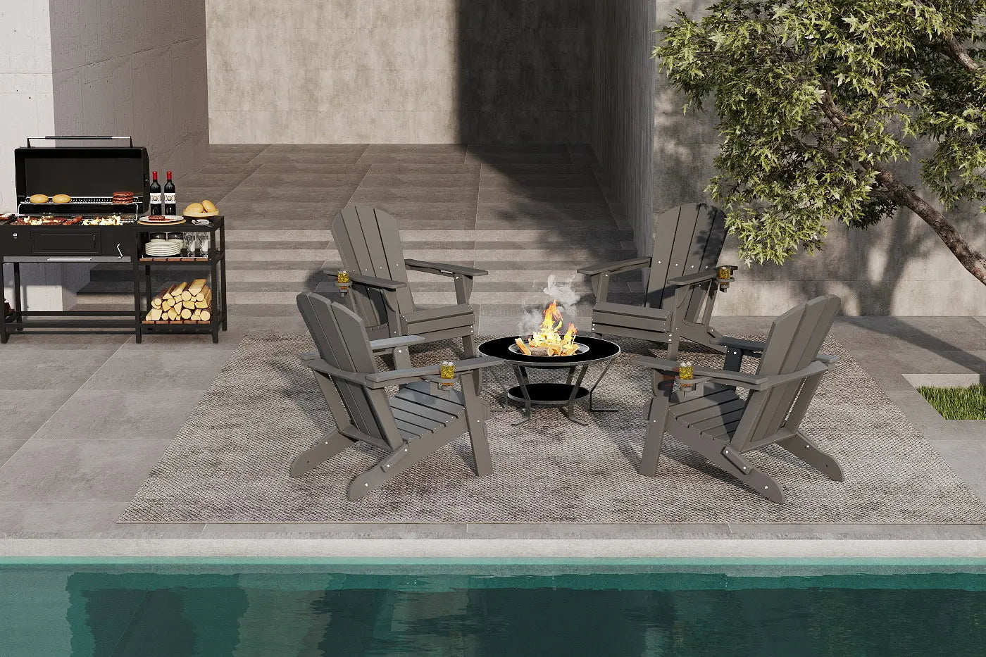 Outdoor patio setup with Adirondack chairs around a fire pit by a pool.