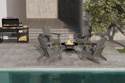 Outdoor patio setup with Adirondack chairs around a fire pit by a pool.