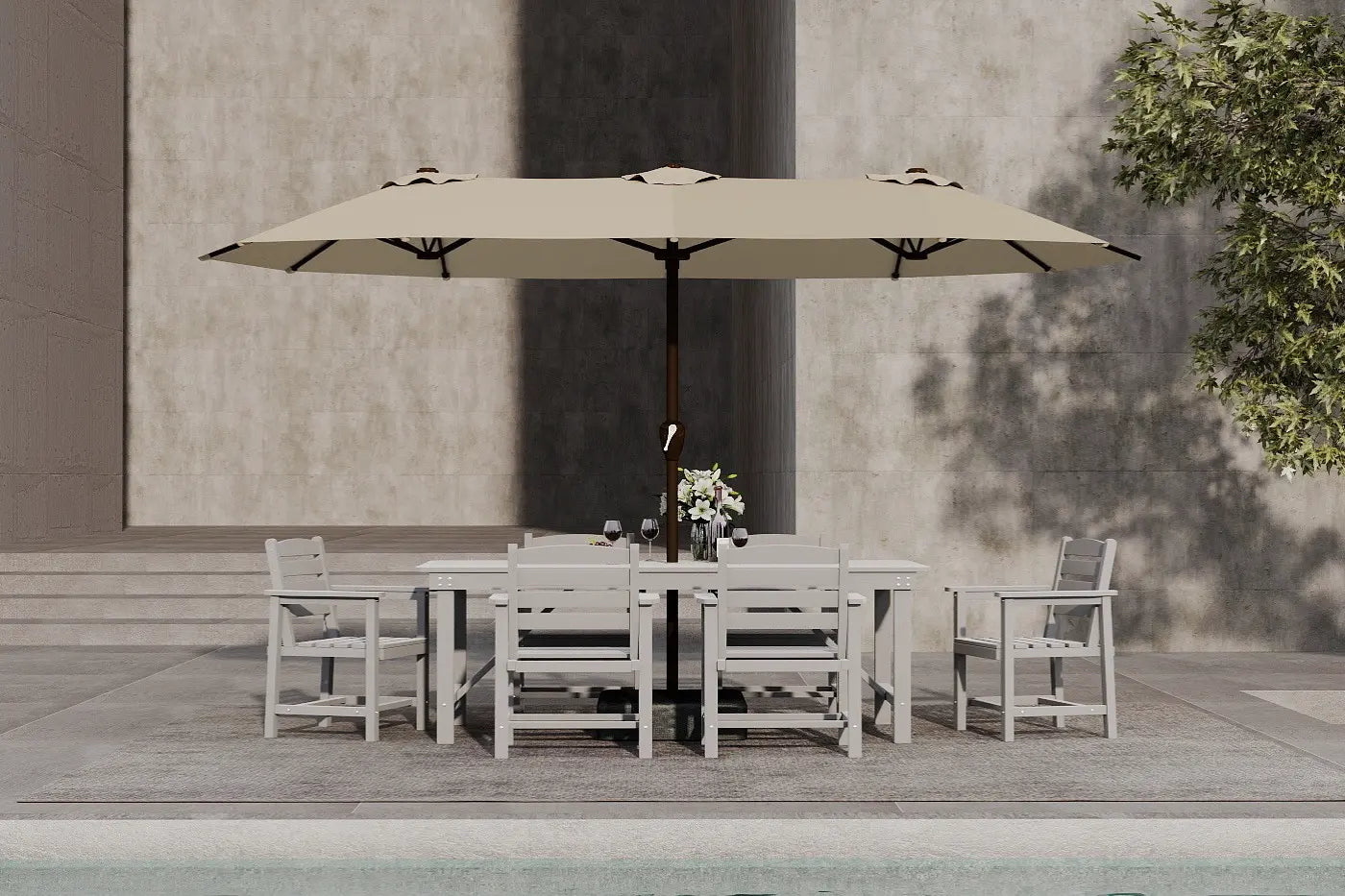 Outdoor dining set with a large beige umbrella on a patio near a pool.