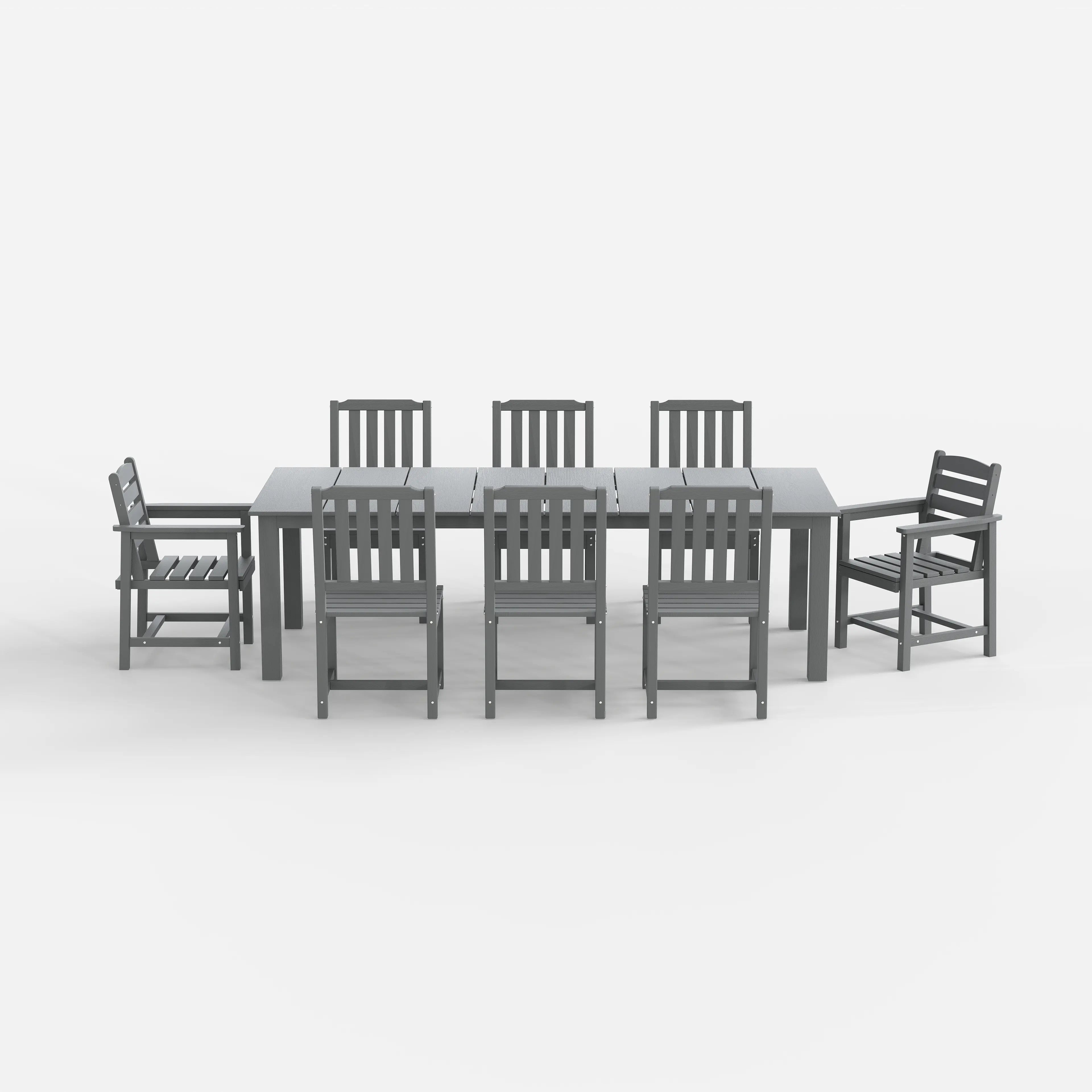 Gray outdoor table with six matching chairs on a white background