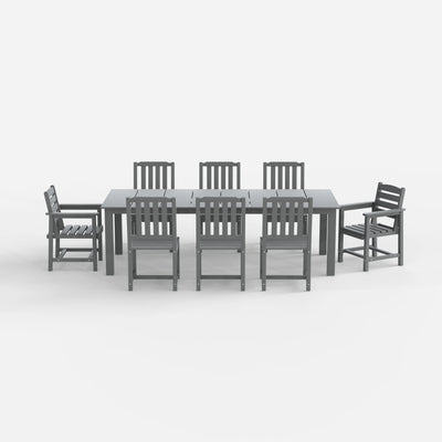 Gray outdoor table with six matching chairs on a white background