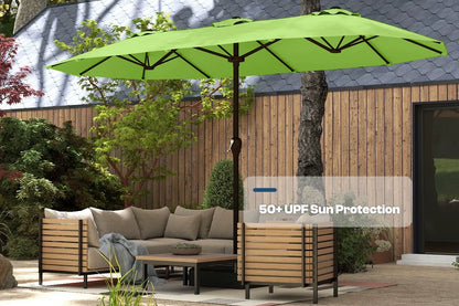 Green patio umbrella with 50+ UPF sun protection over outdoor furniture set.