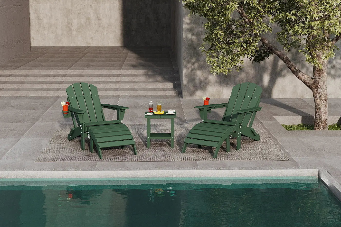 Two green Adirondack chairs with a small table by a poolside.