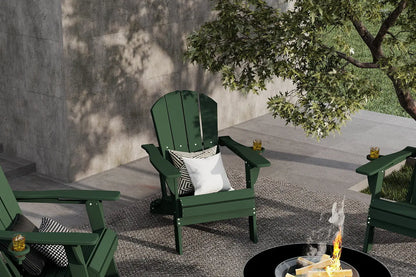 Green Adirondack chairs on a patio with a fire pit and drinks.