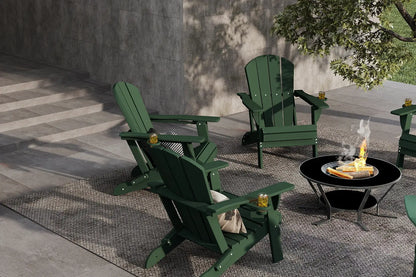 Green Adirondack chairs around a fire pit on a patio