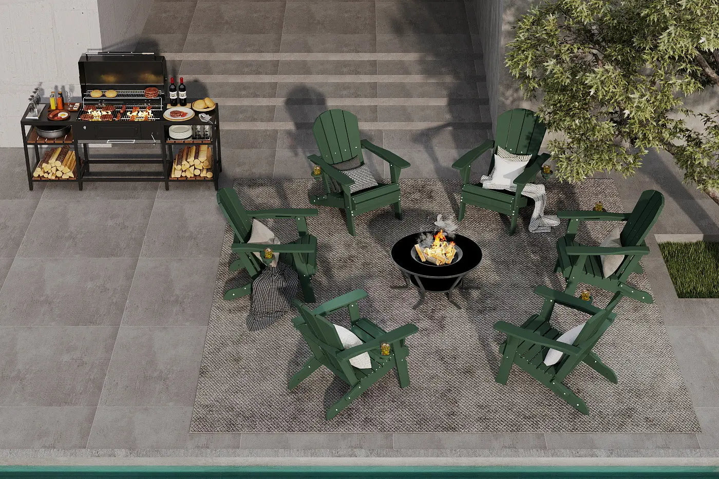 Outdoor patio setup with green Adirondack chairs and a fire pit on a concrete patio.