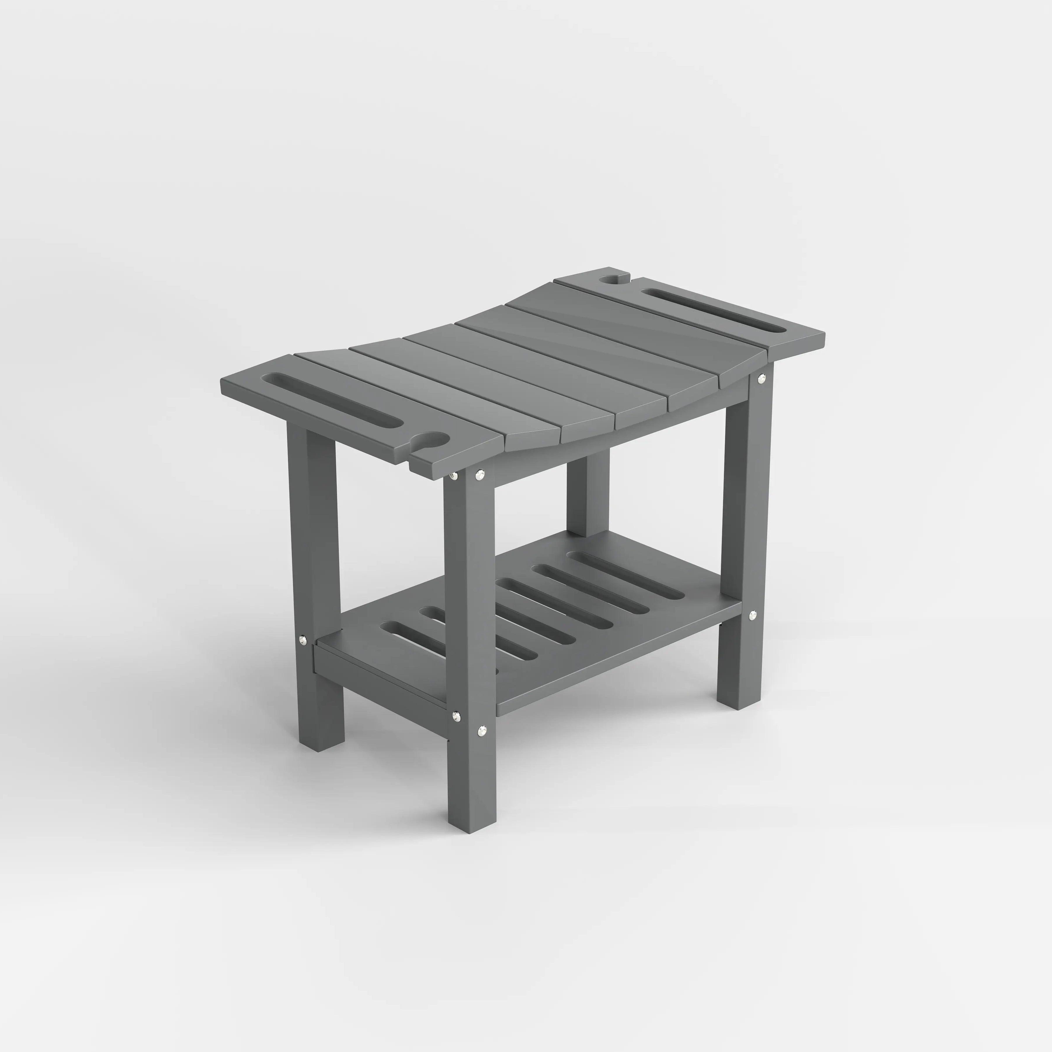 Gray shower bench with a shelf on a white background