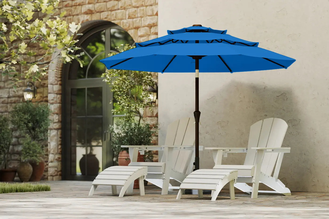 Blue patio umbrella with white chairs on a wooden deck