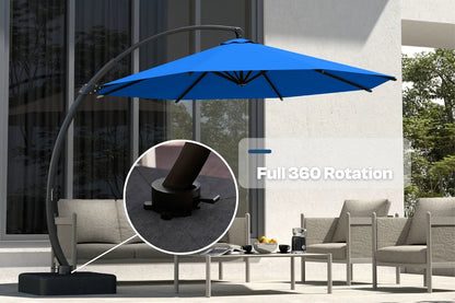 Blue patio umbrella with 360-degree rotation feature in an outdoor setting.